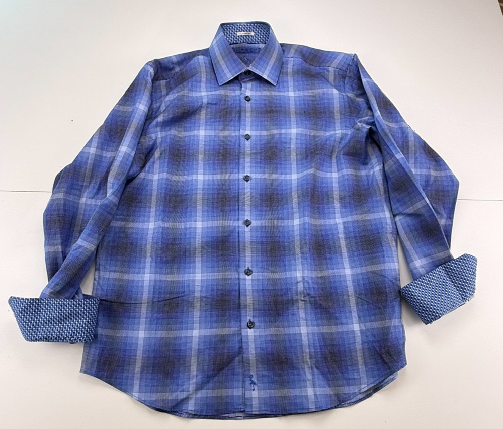 TailorByrd Mens Large Classic Fit Long Sleeve Plaid Dress Shirt Blue Flamingo